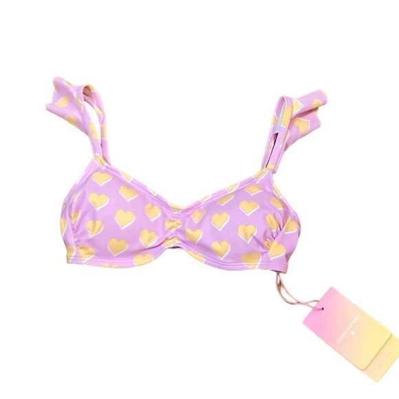 Stoney Clover Lane Purple Flutter Strap Heart Print Bikini Top, Size XS, NWT - Picture 1 of 6